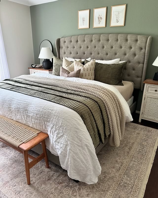 14. Subtle Olive Green Bedroom with Neutral Layering - olive green bedroom ideas