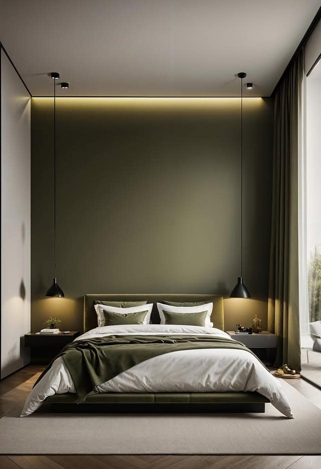 15. Minimal Olive Green Bedroom with Integrated Lighting - olive green bedroom ideas
