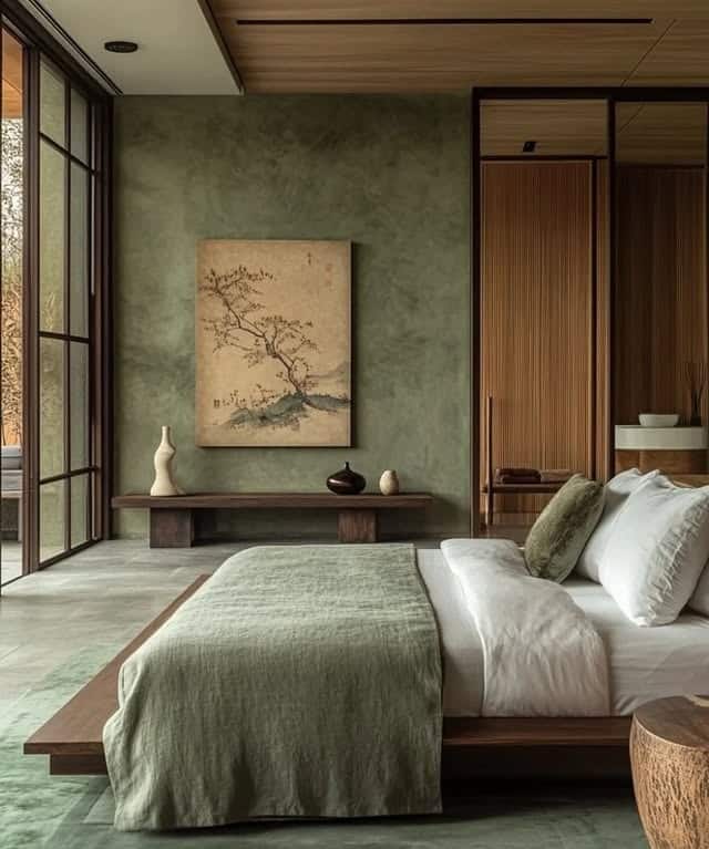 16. Organic Olive Green Bedroom with Japanese-Inspired Design - olive green bedroom ideas