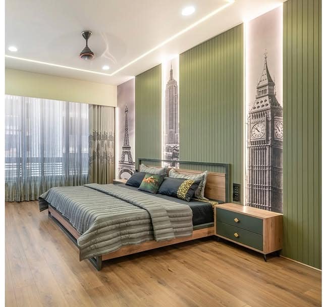 17. Contemporary Olive Green Bedroom with Graphic Wall Panels - olive green bedroom ideas