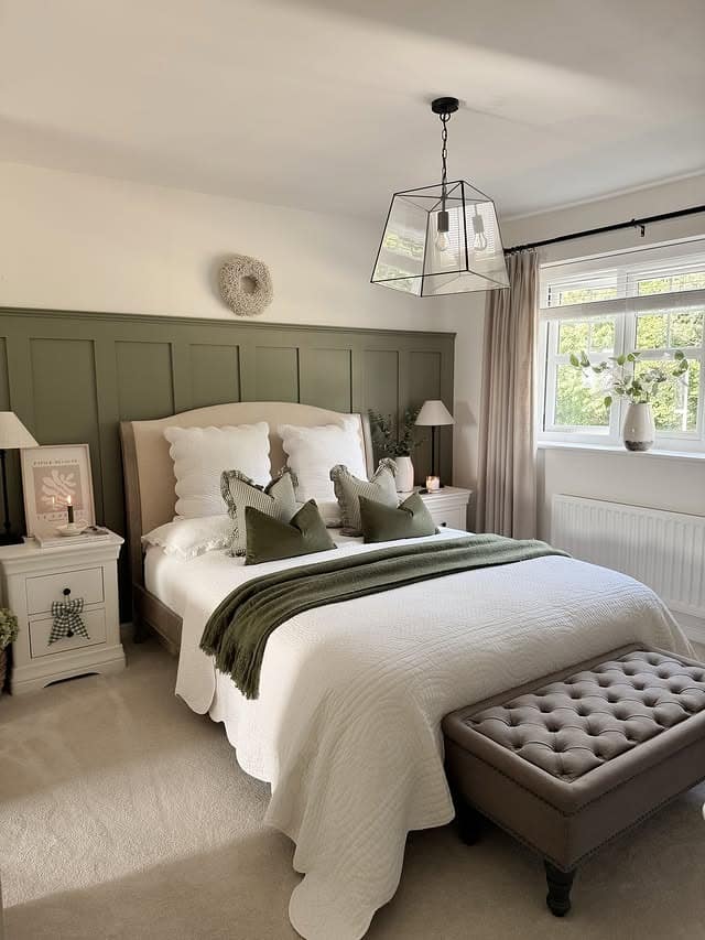 19. Farmhouse Olive Green Bedroom with Paneling - olive green bedroom ideas