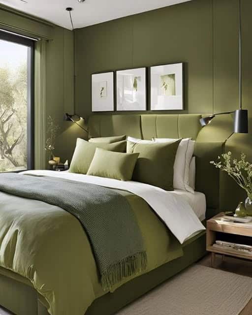 20. Modern Olive Green Bedroom with Monochrome Styling - olive green bedroom ideas