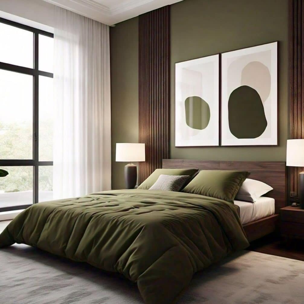 21. Modern Olive Green Bedroom with Wood Slat Accents - olive green bedroom ideas