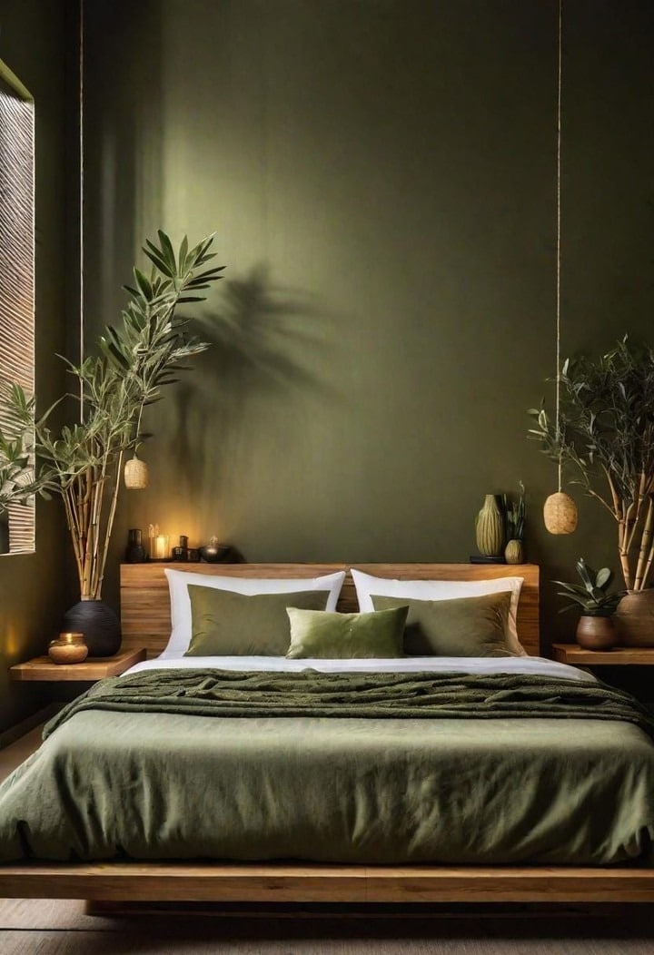 22. Earthy Olive Green Bedroom with Botanical Styling - olive green bedroom ideas