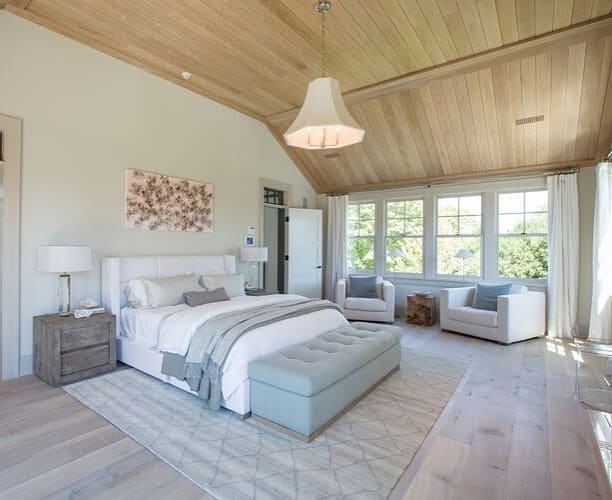 8. Minimal Light Blue Bedroom with Natural Wood Ceiling - light blue bedroom ideas