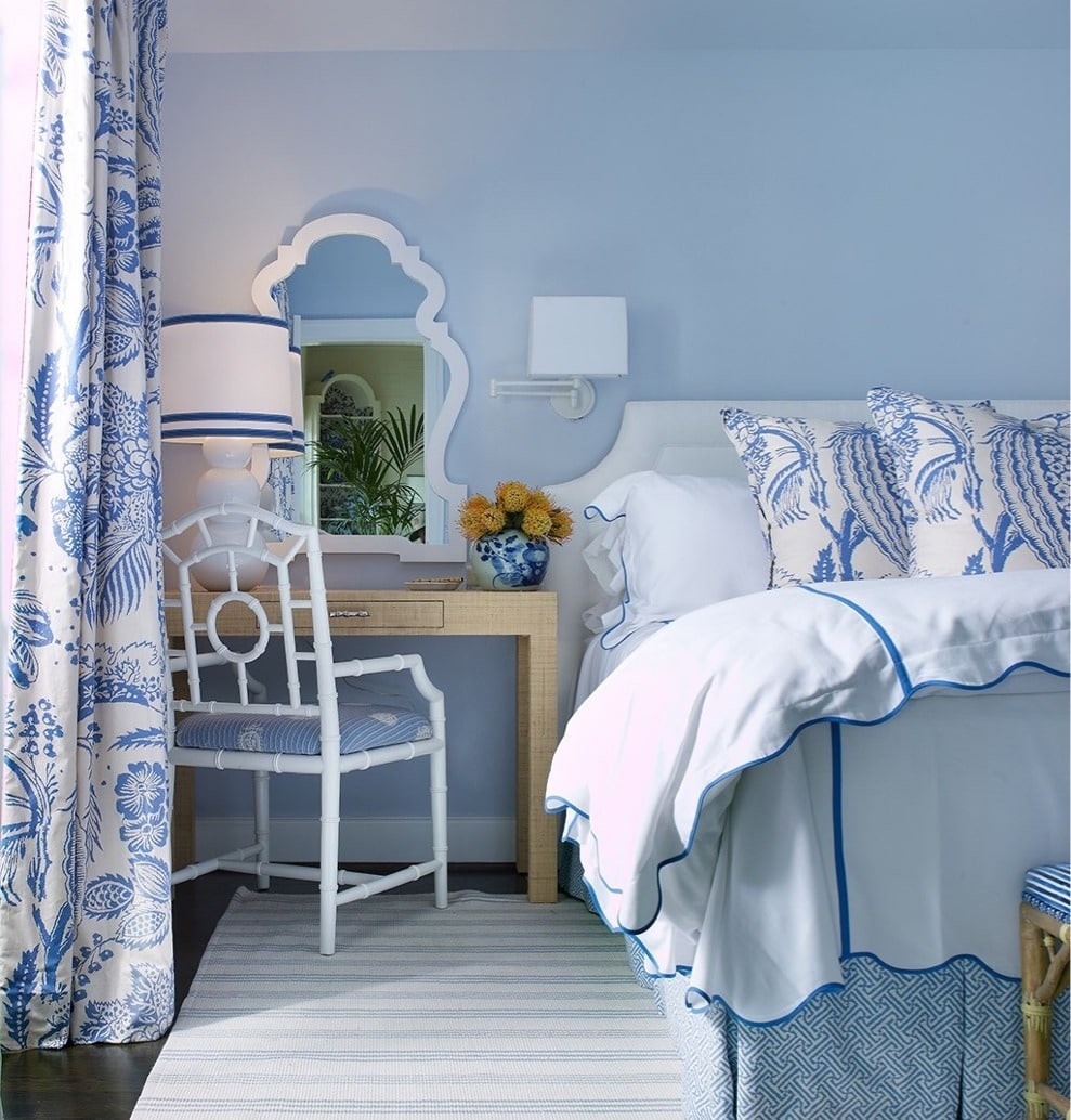 12. Coastal-Inspired Light Blue Bedroom with Blue and White Prints - light blue bedroom ideas