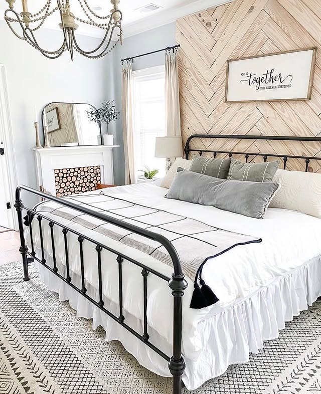 14. Farmhouse Light Blue Bedroom with Natural Wood Feature Wall - light blue bedroom ideas