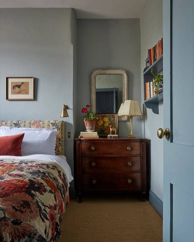 16. Classic Light Blue Bedroom with Vintage Wood Accents - light blue bedroom ideas