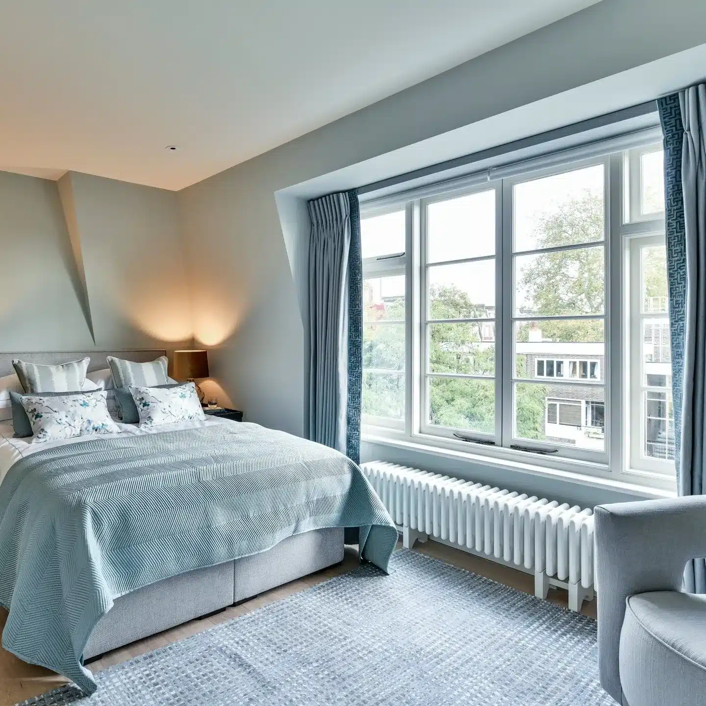 17. Contemporary Light Blue Bedroom with Panoramic Window Design - light blue bedroom ideas