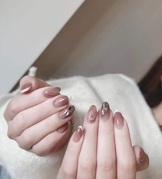 2. Mocha Gloss French with Metallic Detail - basic nail ideas