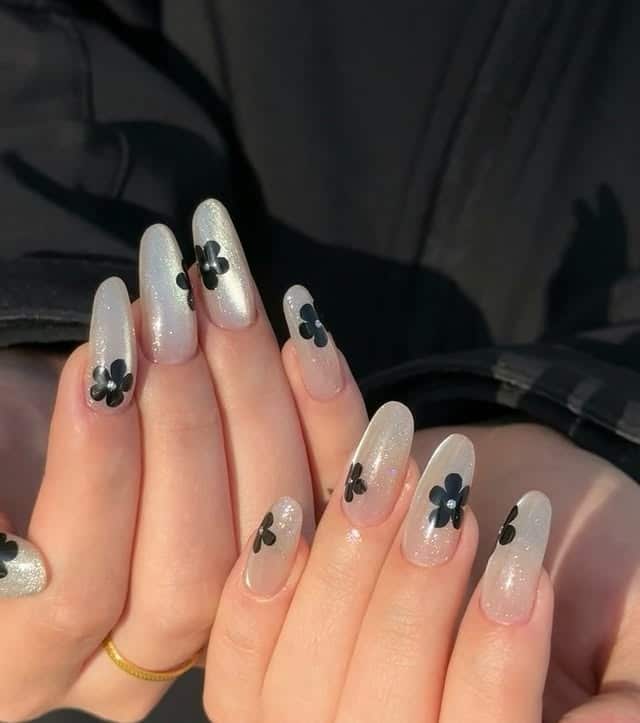 3. Pearl Gray Floral Almond Nails - basic nail ideas