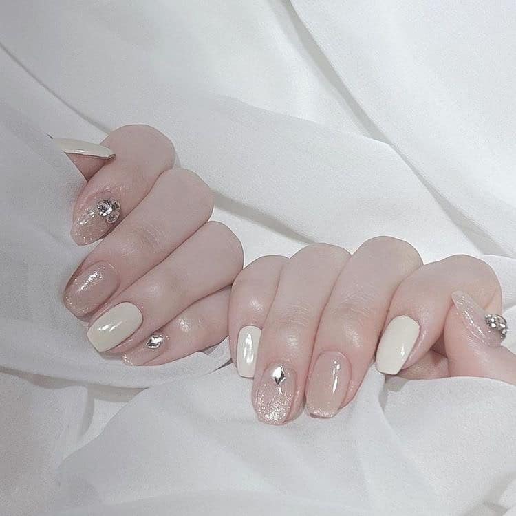 13. Cream and Nude Mixed Texture Short Nails - basic nail ideas