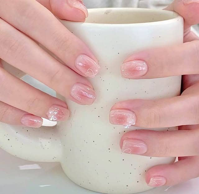 15. Sheer Pink Short Nails with Minimal Heart Line Art - basic nail ideas