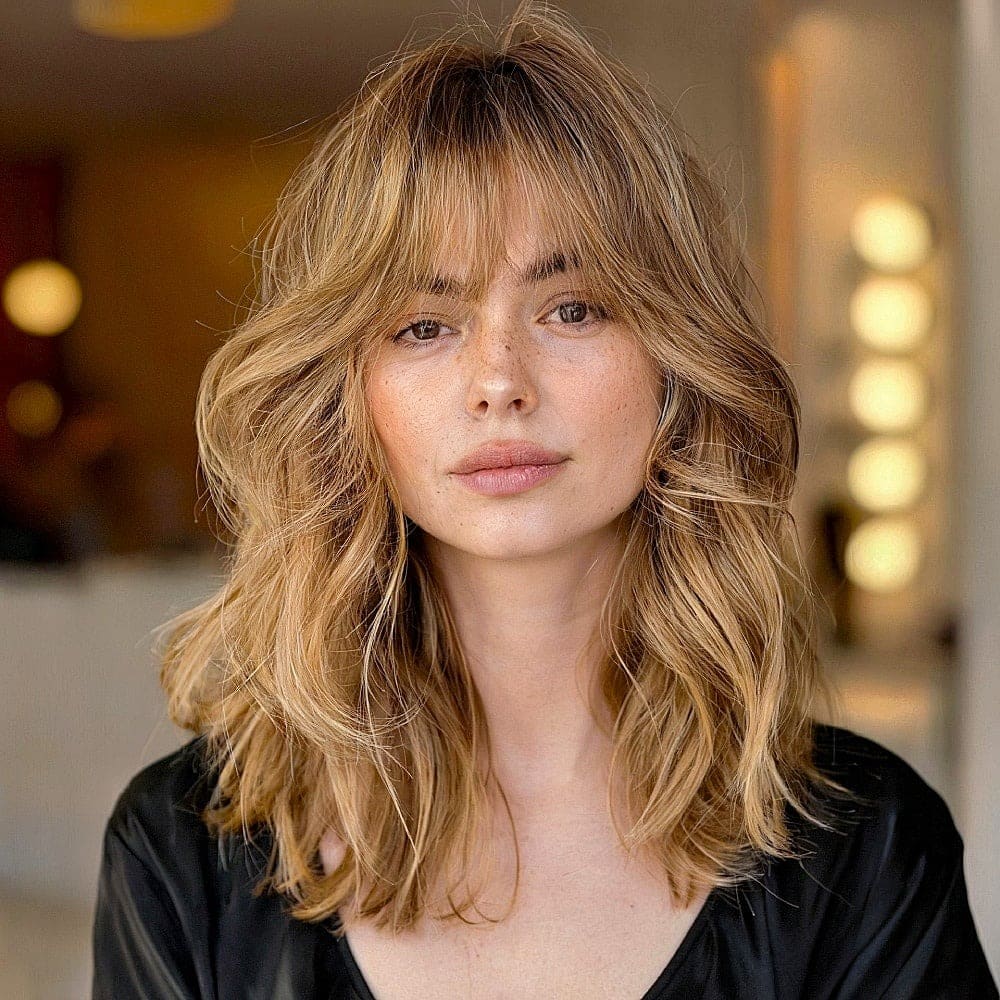 2. Golden Blonde Layered Waves with Textured Fringe - Wispy Bangs For Wavy Hair