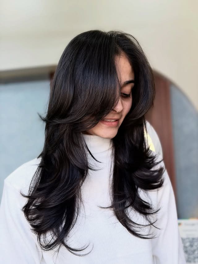 9. Layered Mocha Waves with Face-Framing Wispy Fringe - Wispy Bangs For Wavy Hair