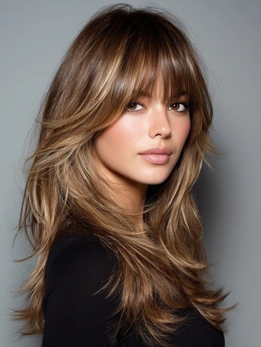 1. Soft Feather Fringe with Honey Brunette Layers - Feather Fringe Hair