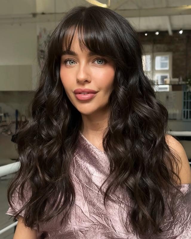 2. Glossy Espresso Waves with Full Feather Fringe - Feather Fringe Hair