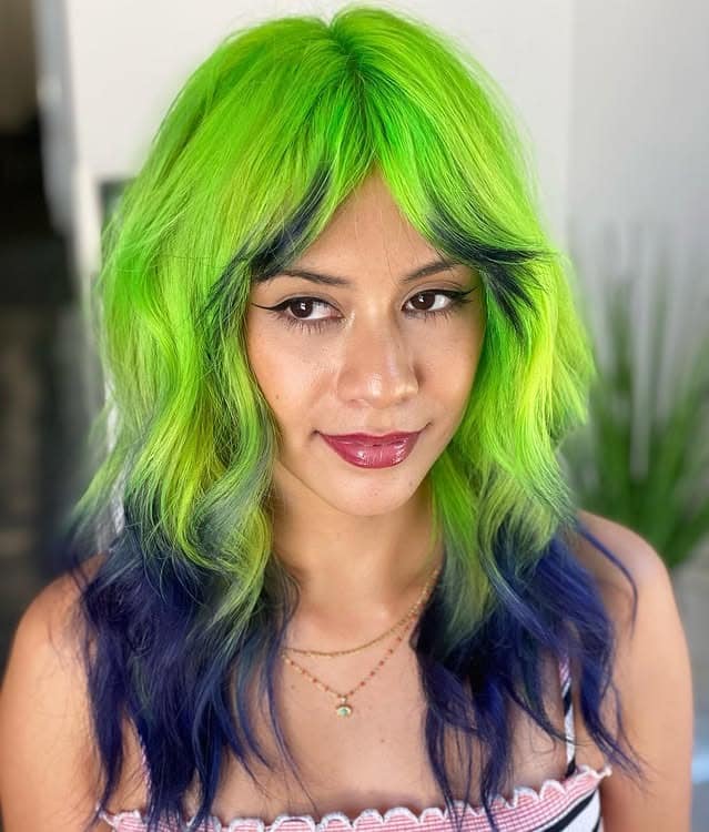 18. Neon Lime and Deep Blue Feather Fringe Contrast - Feather Fringe Hair