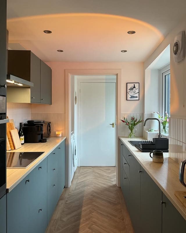 6. Modern Blue Galley Kitchen with Wood Countertops - galley kitchen ideas