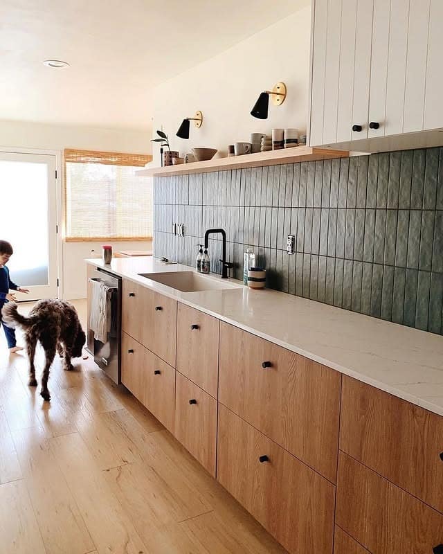 7. Scandinavian-Inspired Galley Kitchen with Natural Wood and Green Tile - galley kitchen ideas