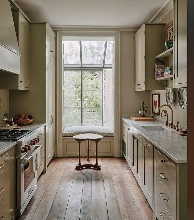 10. Traditional Galley Kitchen with Window Seat Feature - galley kitchen ideas