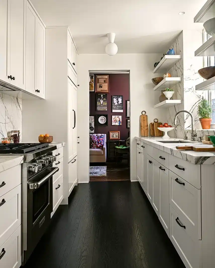 12. White and Black Galley Kitchen with Marble Surfaces - galley kitchen ideas