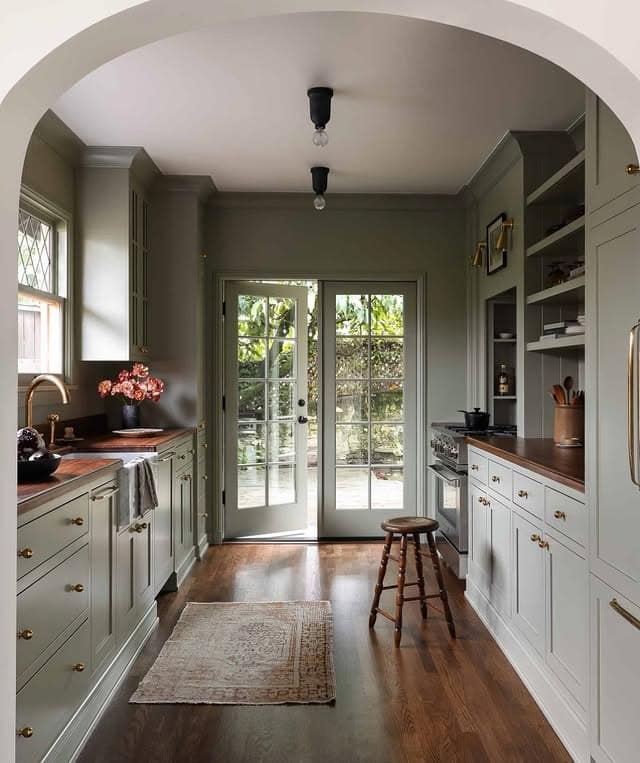 15. Classic Olive Galley Kitchen with Brass Details - galley kitchen ideas