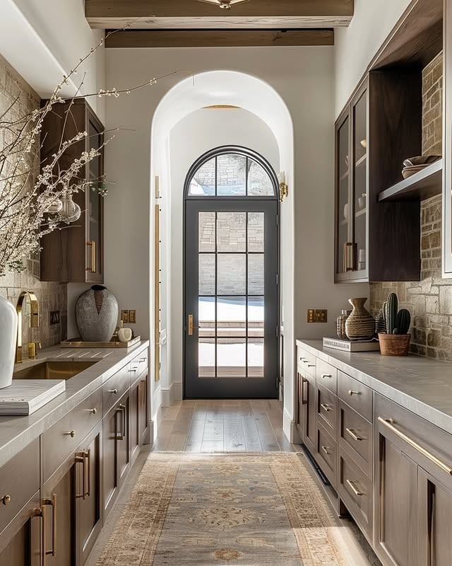 19. Earthy Brown Galley Kitchen with Textured Backsplash - galley kitchen ideas