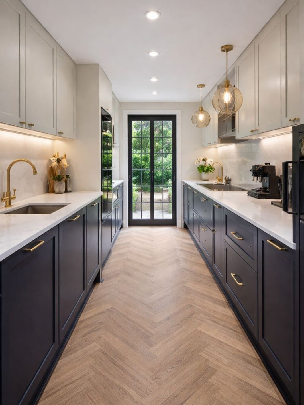 22. Navy and Cream Galley Kitchen with Herringbone Wood Flooring - galley kitchen ideas