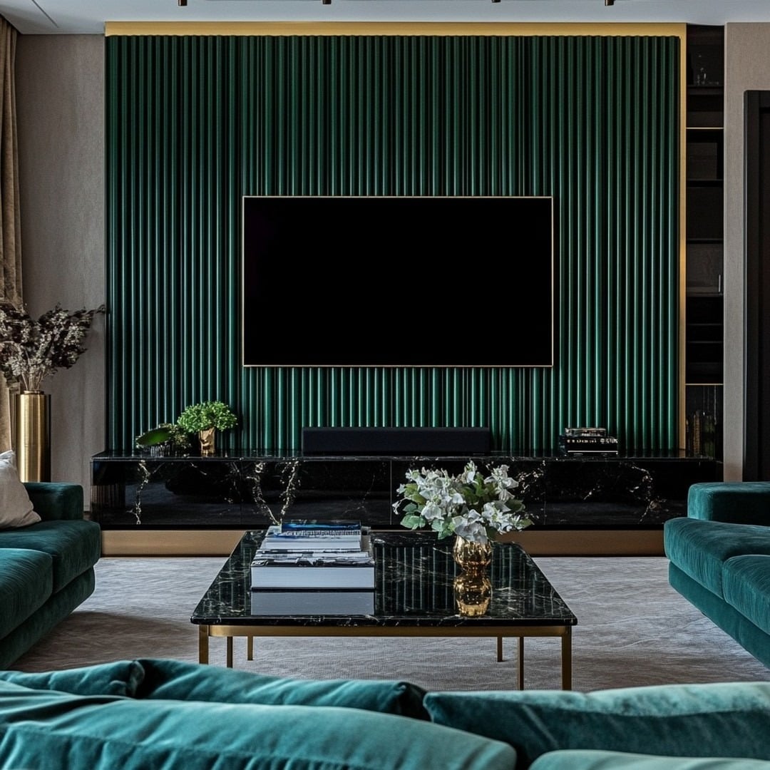 2. Emerald Slatted Feature Wall with Modern Media Unit - emerald green living room ideas