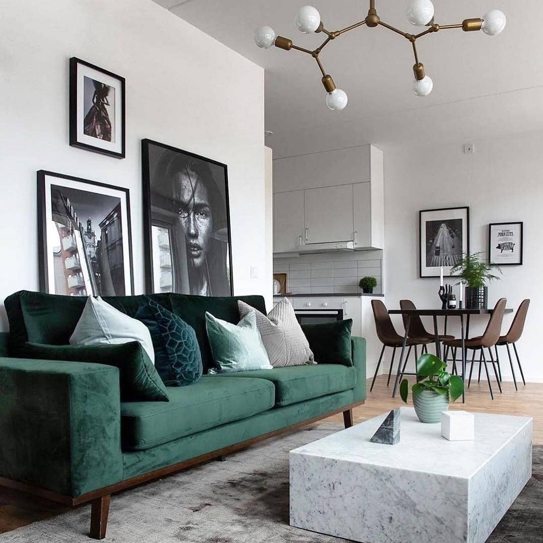 3. Compact Emerald Sofa Styling in Open-Plan Living - emerald green living room ideas