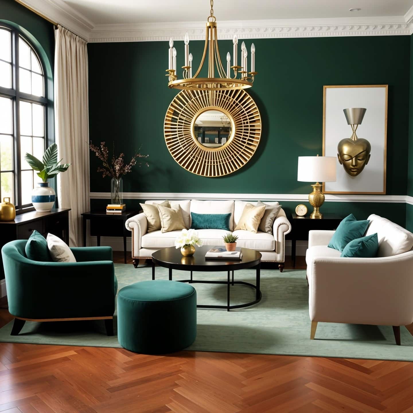 4. Emerald Accent Wall with Gold Statement Decor - emerald green living room ideas