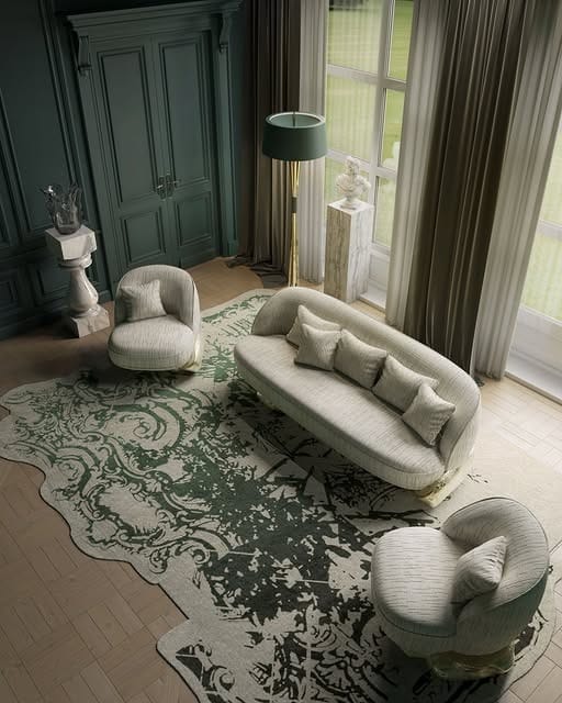 6. Muted Emerald Palette with Sculptural Furniture - emerald green living room ideas