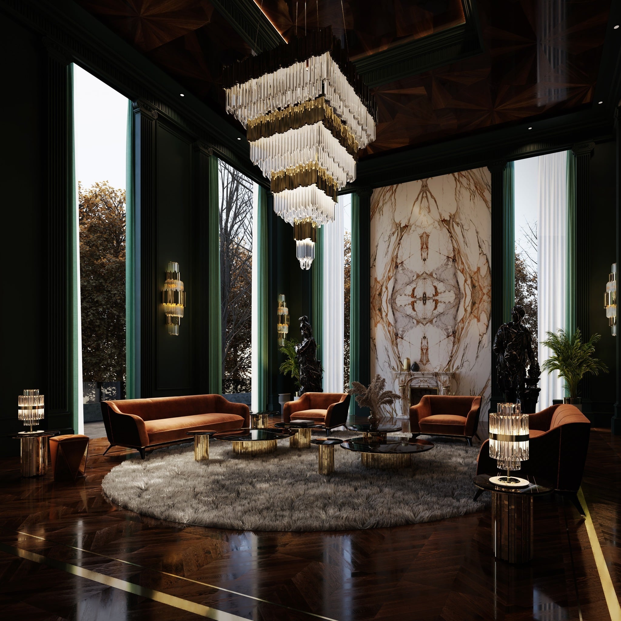 12. Grand Emerald Paneling with Amber Velvet Seating - emerald green living room ideas