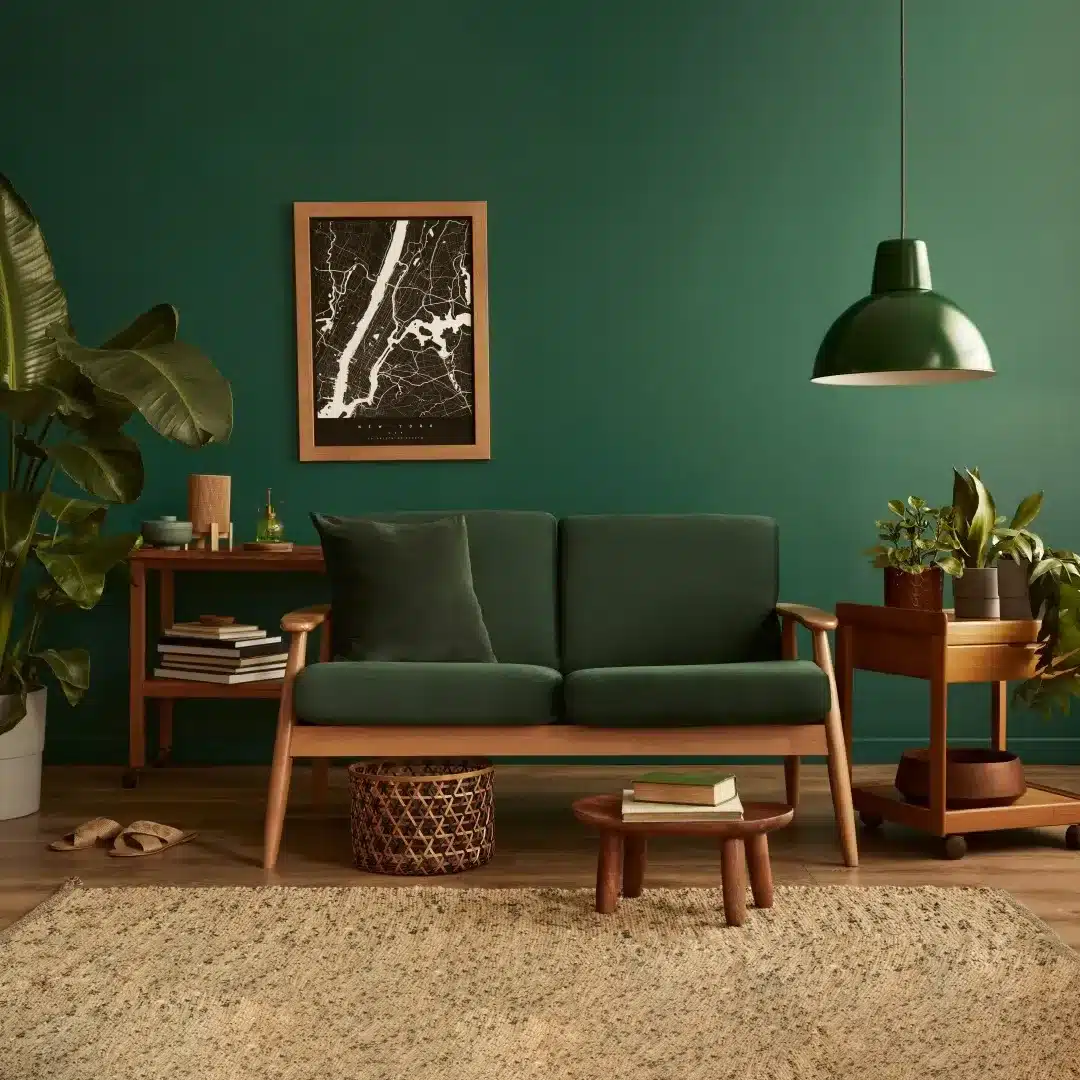 14. Mid-Century Emerald and Walnut Living Room - emerald green living room ideas