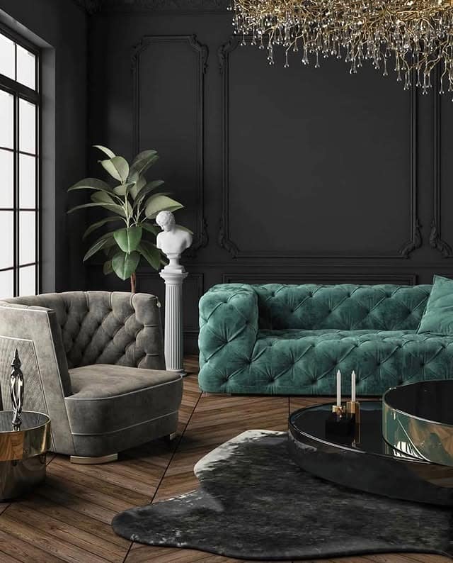 19. Dark Emerald Panel Walls with Tufted Seating - emerald green living room ideas