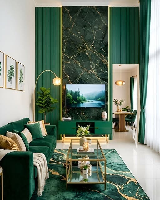 22. Emerald Feature Wall with Marble Panel and Gold Details - emerald green living room ideas