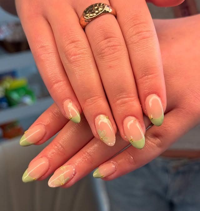 3. Almond Nude with Sage Green Micro French - french tip nail ideas