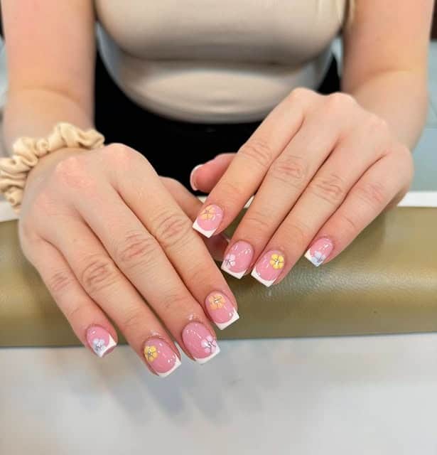 10. Short Pink Floral French Tip - french tip nail ideas