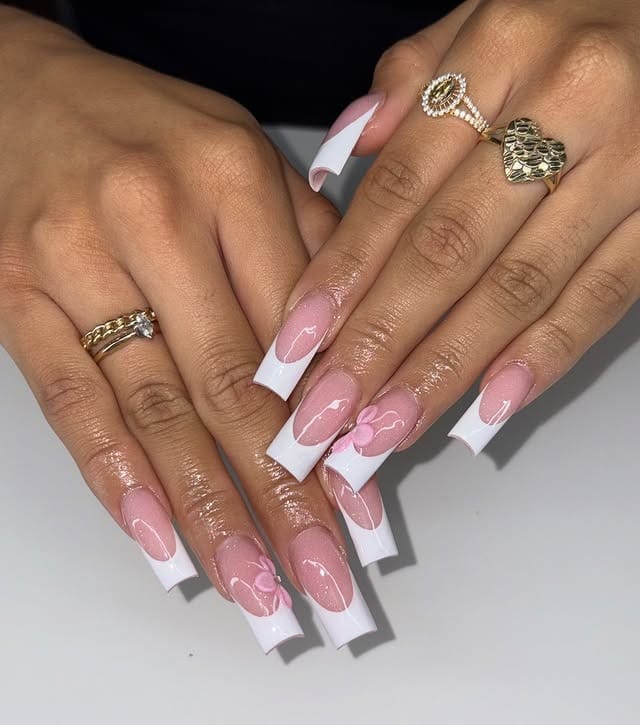 11. Pink Square French Tips with Floral Accent - french tip nail ideas
