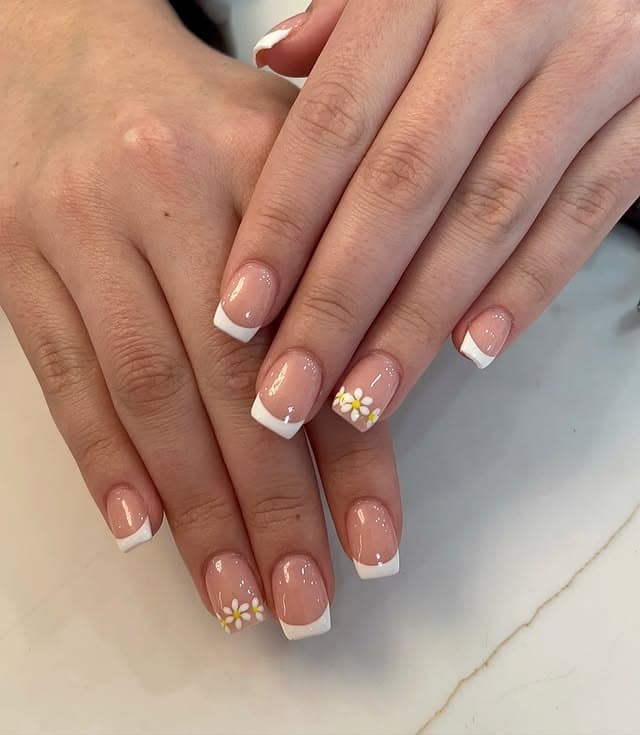 17. Short Square French with Daisy Accent - french tip nail ideas