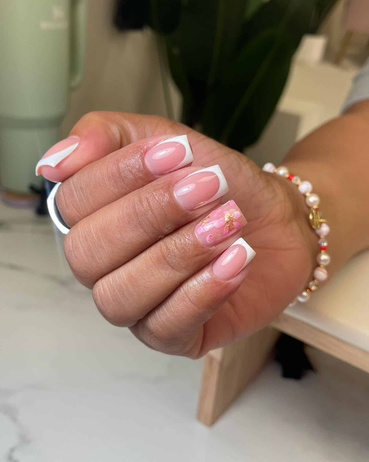 18. Square French Tip with Pink Floral Art Accent Nail - french tip nail ideas