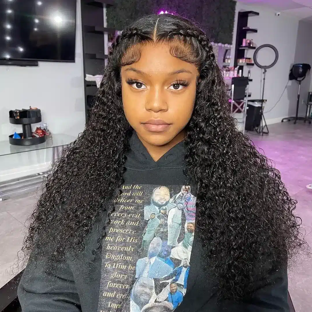 21. Long Jet Black Curly Length with Braided Detail - Messy Curly Hair