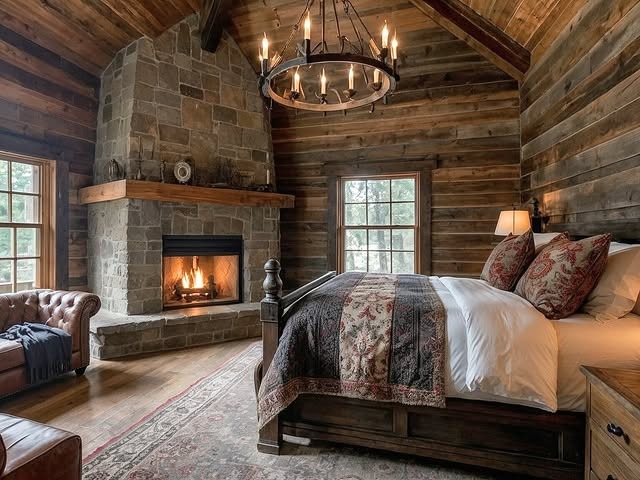 2. Stone Fireplace Retreat with Rich Wood Tones - rustic bedroom ideas