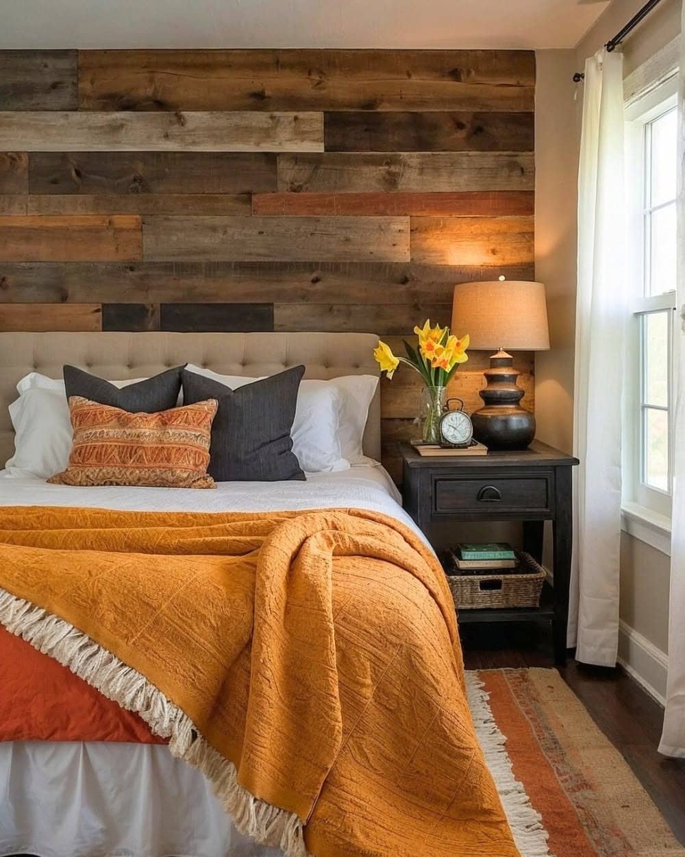 4. Modern Rustic Panel Wall with Soft Neutrals - rustic bedroom ideas