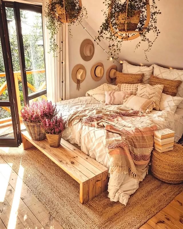 6. Boho Rustic Bedroom with Layered Textiles and Greenery - rustic bedroom ideas