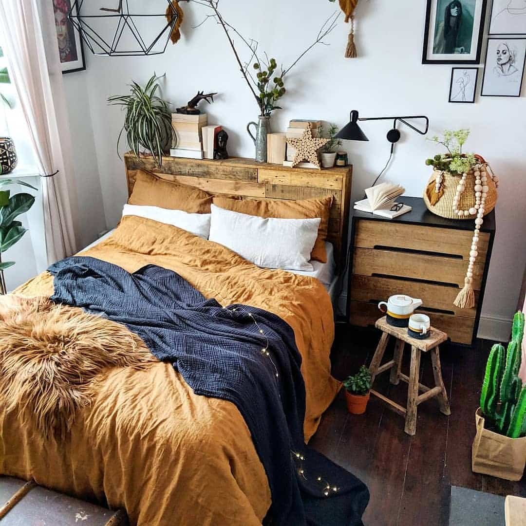 7. Rustic Industrial Bedroom with Mustard and Black Contrast - rustic bedroom ideas