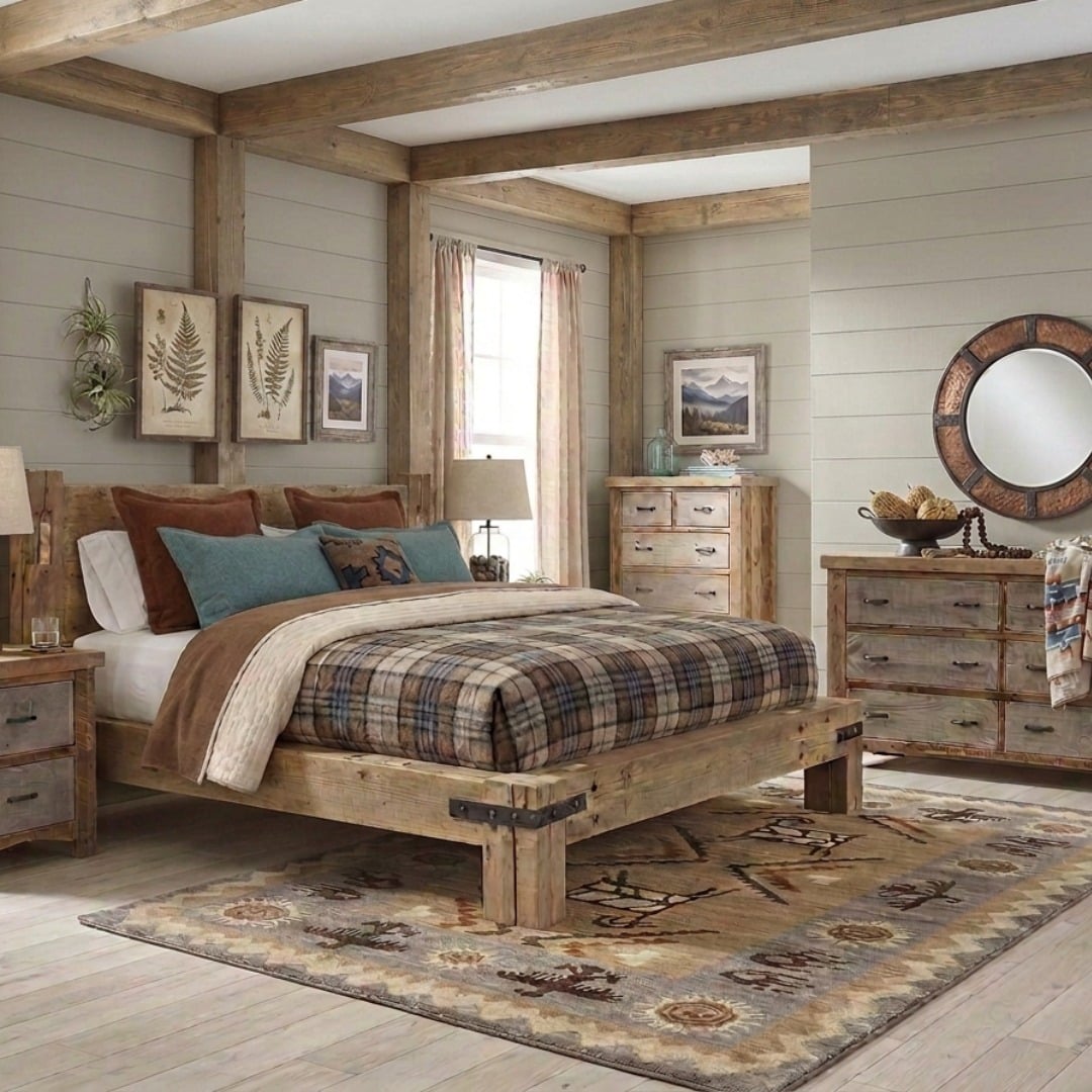 9. Farmhouse Rustic Bedroom with Soft Plaid Layers - rustic bedroom ideas