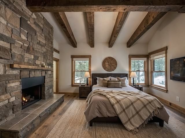 10. Rustic Elegance Bedroom with Exposed Beams and Stone Fireplace - rustic bedroom ideas