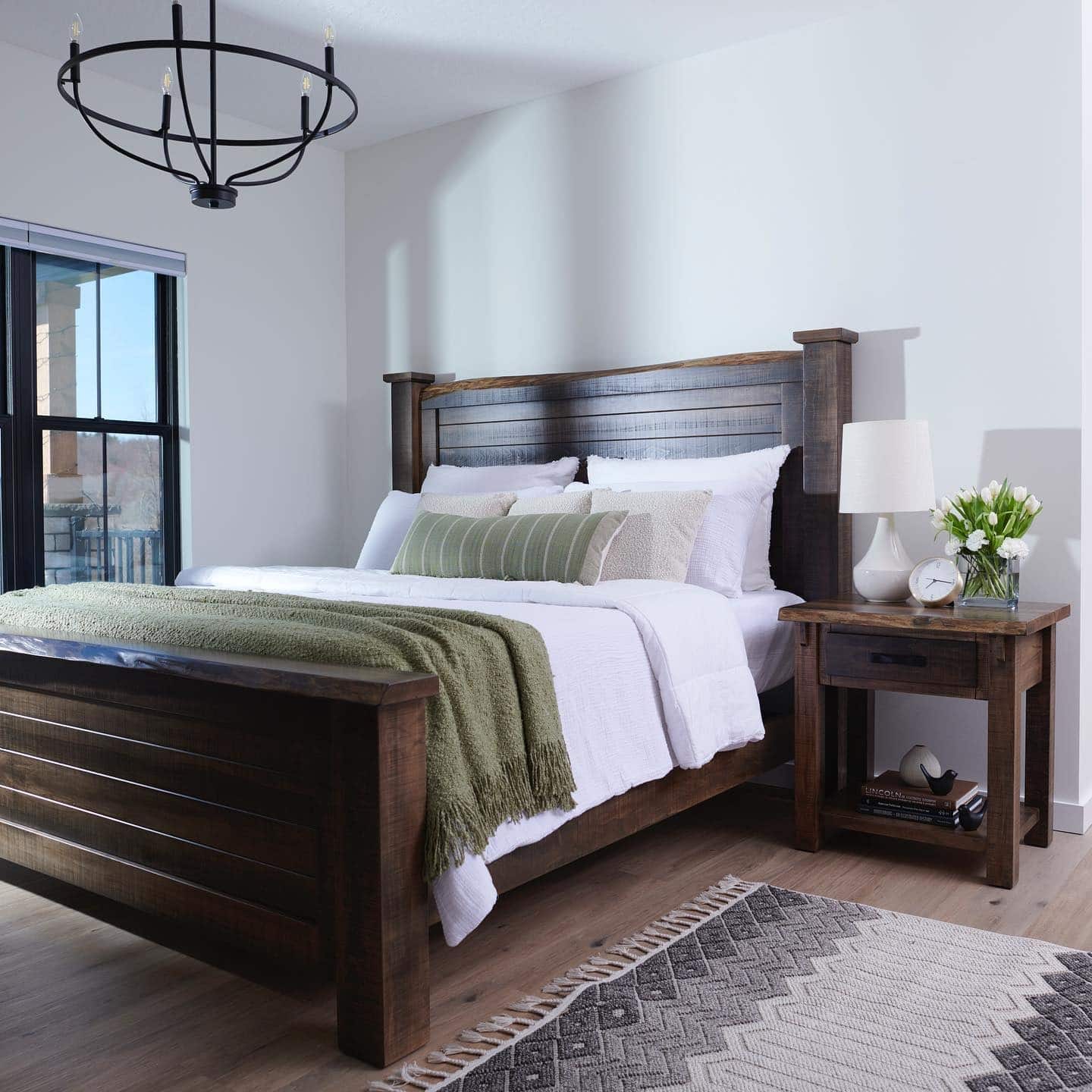 12. Modern Rustic Bedroom with Dark Wood and Soft White Contrast - rustic bedroom ideas